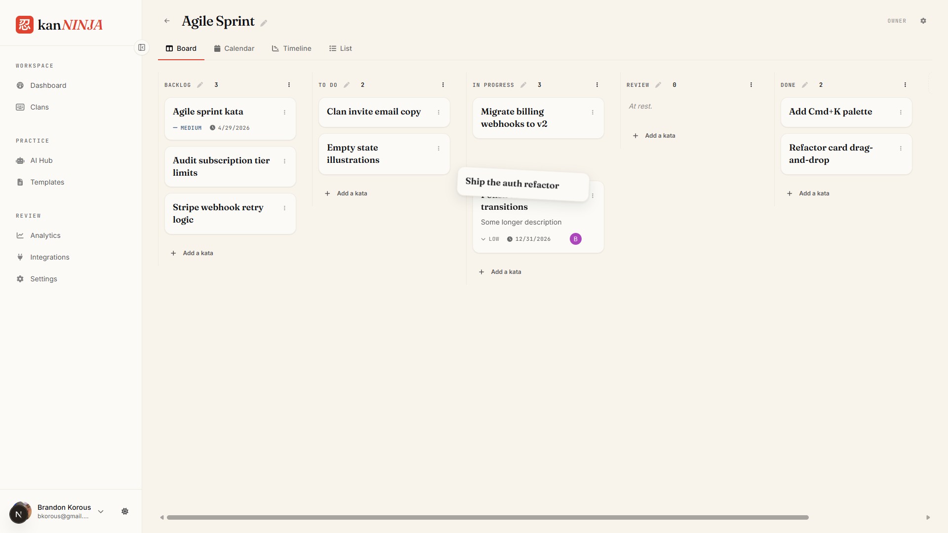 The Agile Sprint board: a card moves from To Do to In Progress, then another from In Progress to Review.